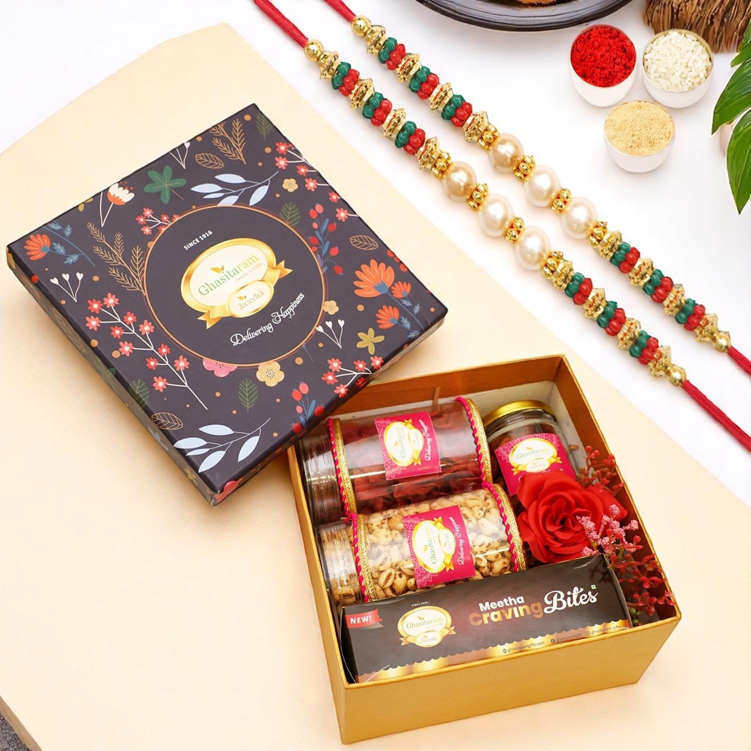 Ghasitaram Gifts Jaiccha Rakhi Gifts for Brothers Ghasitaram Hamper Box of Sweets/Bites, Namkeen and Dryfruit-GGHBwith 2 Rakhis