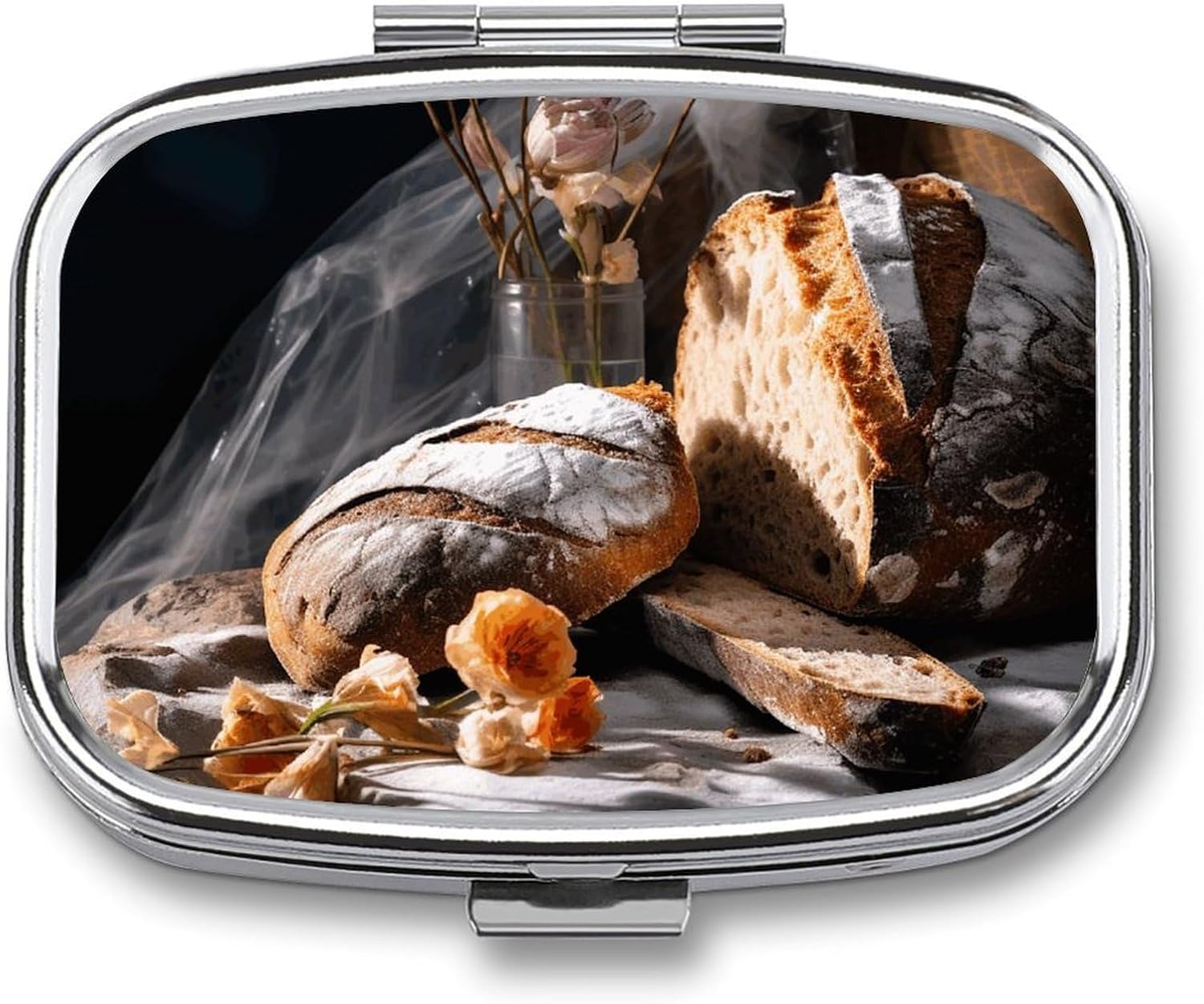 Round Pill Box Bread in Bakery Pill Case for Purse & Pocket 2 Compartment Medicine Pill Organizer Portable Travel Pillbox Medicine Vitamin Cod Liver Oil Storage Box