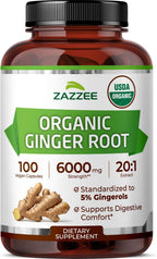 Zazzee USDA Organic Ginger Root 20:1 Extract, 5% Gingerols, 100 Vegan Capsules, 3+ Month Supply, Zingiber Officinale, Digestive & Stomach Support, All-Natural, Non-GMO, Made in the USA