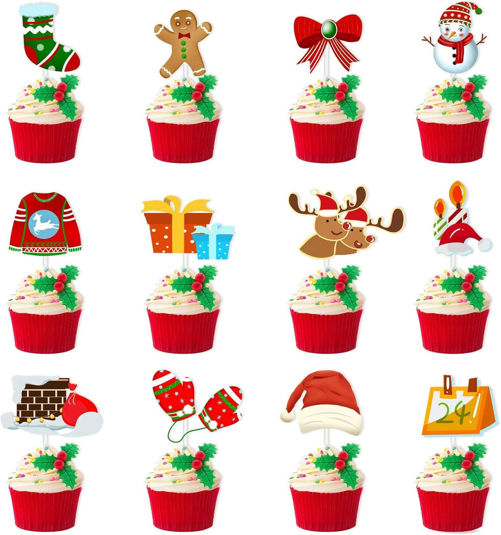 Christmas Cupcake Toppers, Christmas Cake Decorations, Xmas Winter Holiday Party Decorations Cupcake Toppers for Deer Snowman