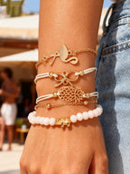 Boho Gold Charm Bracelet Set for Women - 5 Pcs Handmade Stackable Beaded Bracelets, Pineapple, and Elephant Charms - Tropical Beach Summer Jewelry Gift