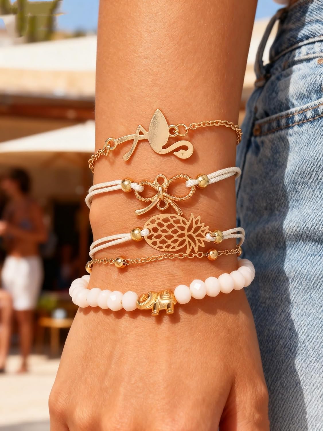 Boho Gold Charm Bracelet Set for Women - 5 Pcs Handmade Stackable Beaded Bracelets, Pineapple, and Elephant Charms - Tropical Beach Summer Jewelry Gift