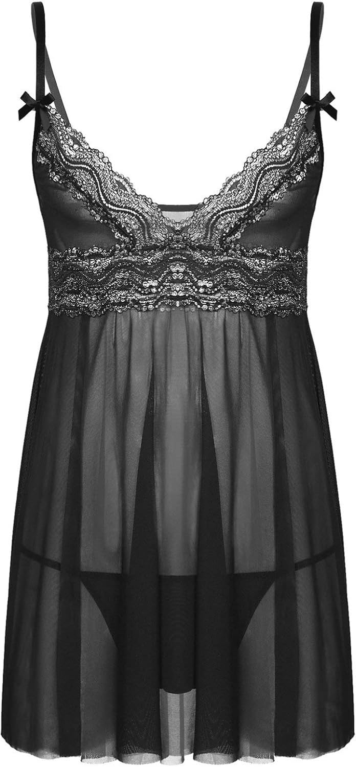Sholeno Men's Lace Babydoll Sexy V Neck Mesh Sheer Sissy Crossdressing Chemise Nightdress Pajamas