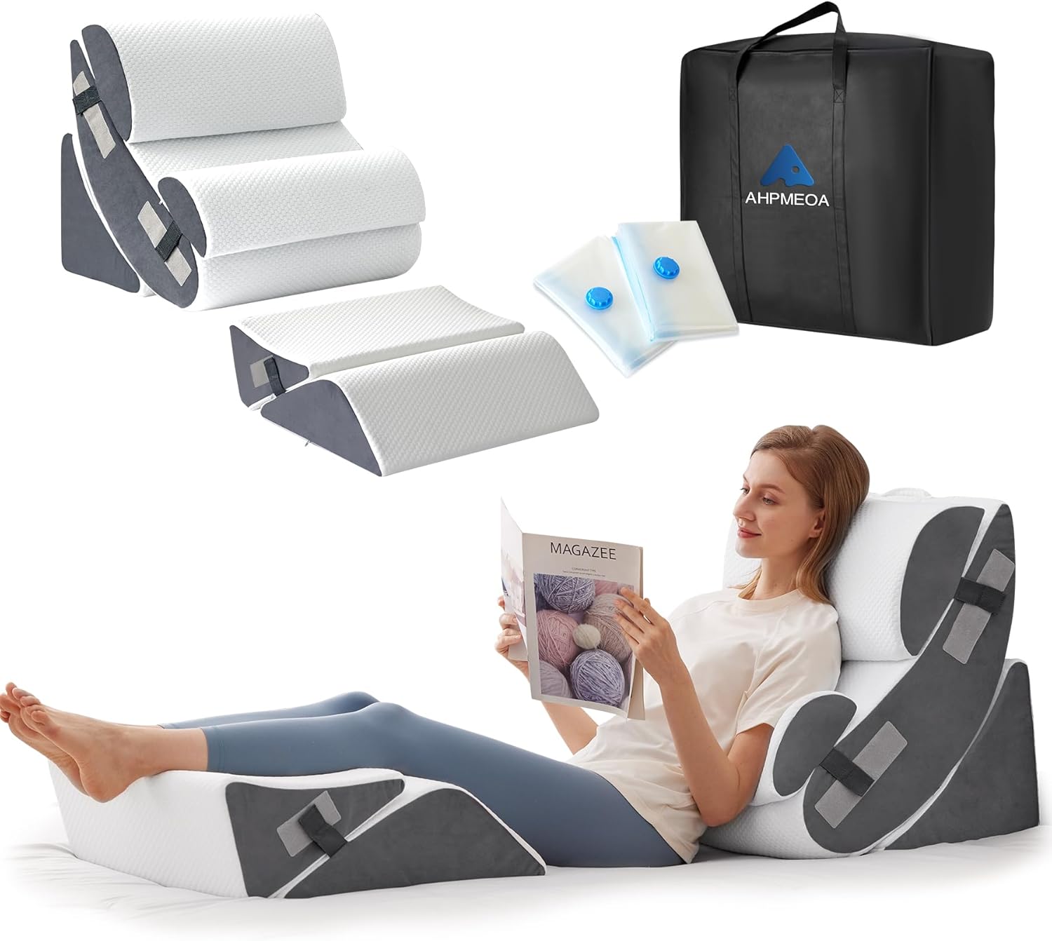 Ahpmeoa 6PCS Wedge Pillow Set for After Surgery, Orthopedic Bed Wedge Pillow for Headboard, Memory Foam Back Pillow for Bed Sitting Up, Sit Up Pillow for Acid Reflux Relief, GERD, Anti Snoring (White)