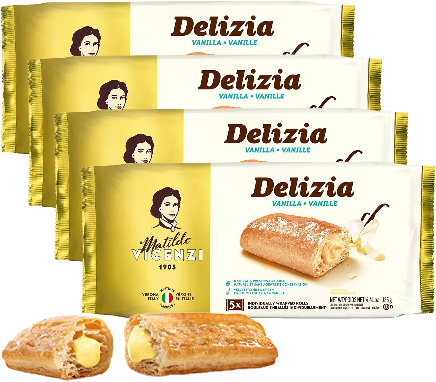 Delizia Pastry Cream by Pasticceria Matilde Vicenzi, Cream Filled Puff Pastry Patisserie Rolls, All-Natural, Kosher Dairy, Made in Italy - 4.41oz (125g) Box, 4-Pack
