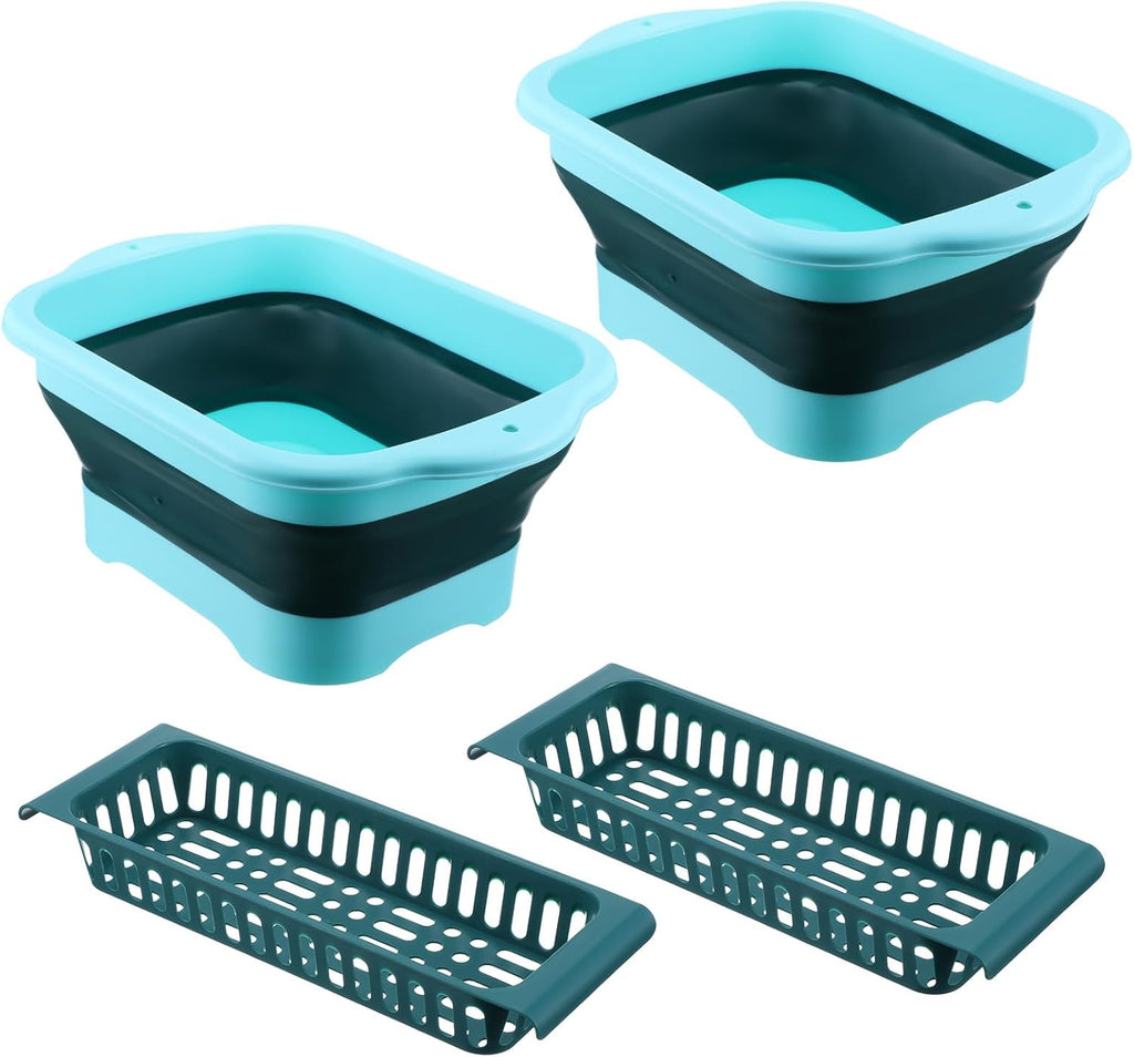 Kifmurase 2PCS 2.91 Gallon(11L) Collapsible Dish Basin with Drain Plug, Multiuse Portable Bucket with Sink for Kitchen, RV, Outdoor Camping, Space Saving Foldable Storage Tray Sink Tub Dishpan
