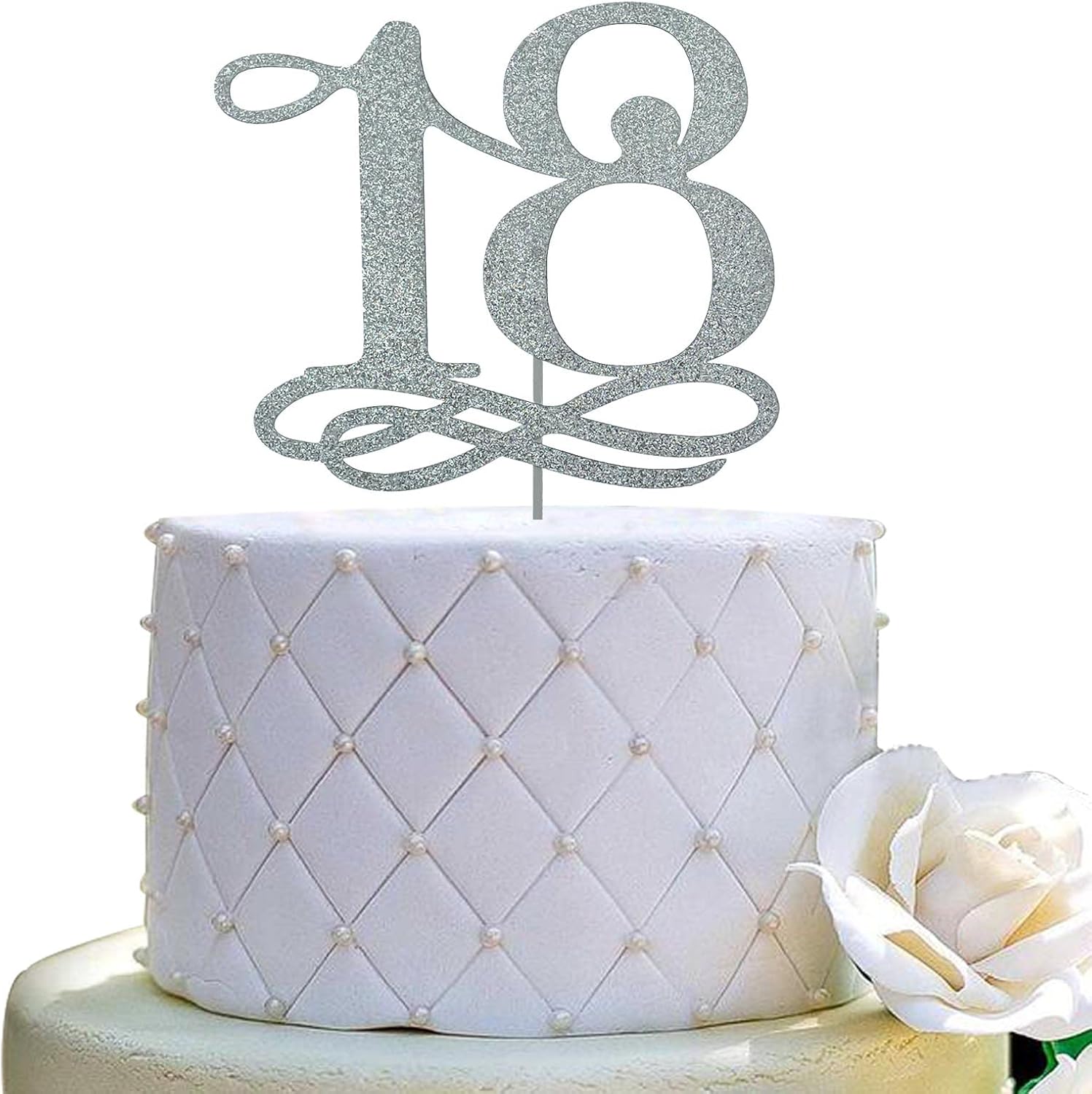 JIEEIN Number 18 Cake Topper - Happy 18th Birthday, Cheers to 18 Years, Hello 18 (Double Sided Silver Glitter)