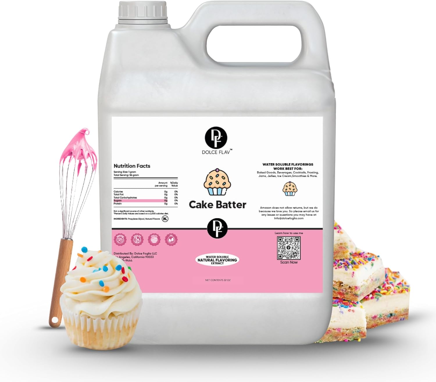 Dolce Flav Cake Batter Flavoring – 32 Ounce Water-Soluble Kosher, Sugar-Free, Concentrated Birthday Cake Flavor for Frosting, Cupcakes & Ice Cream