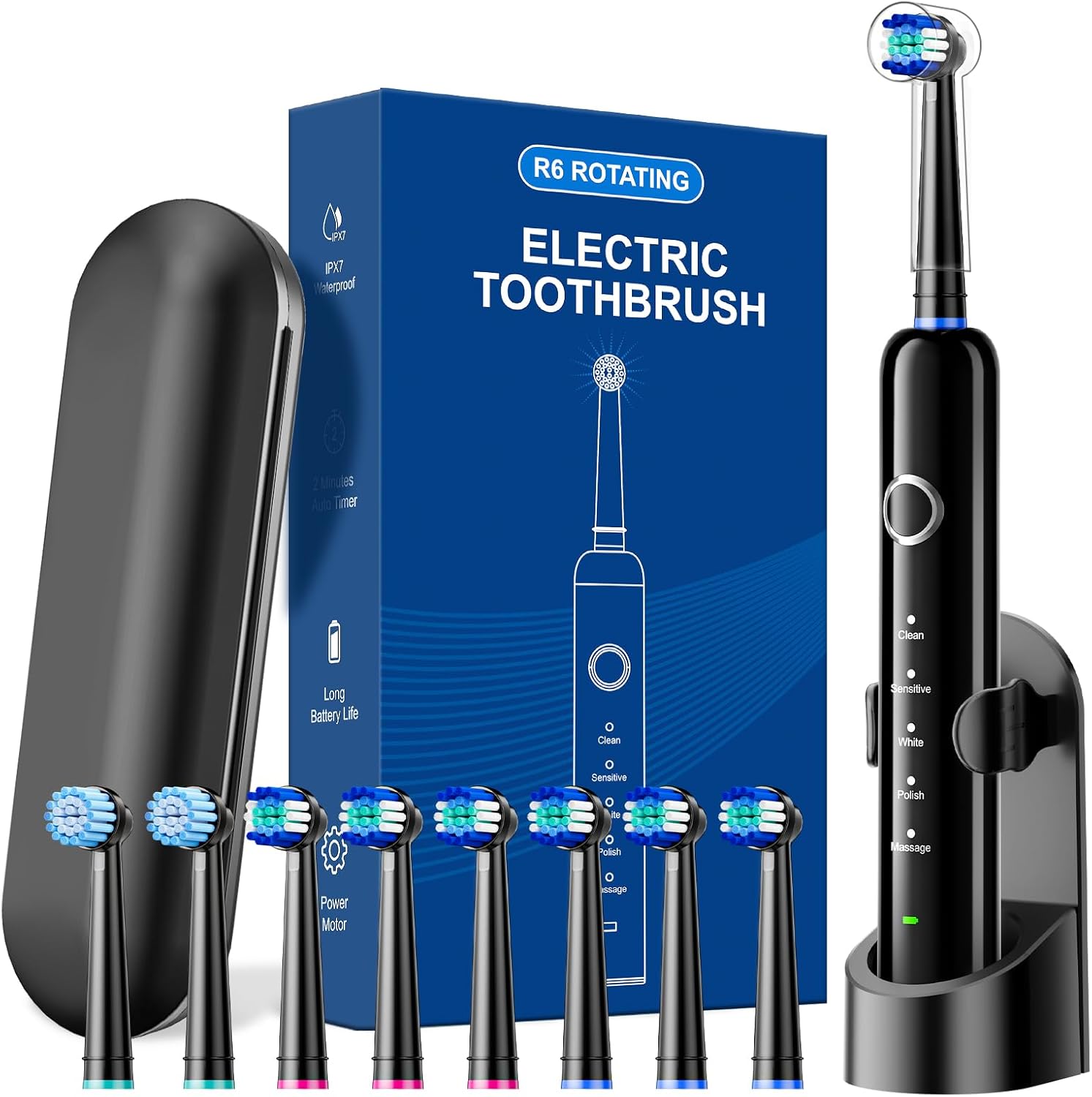 Rotating Electric Toothbrush for Adults, Rechargeable Power Toothbrush with 5 Cleaning Modes, 2-Minute Smart Timer, 8 Brush Heads (2 Types), Travel Case, Black