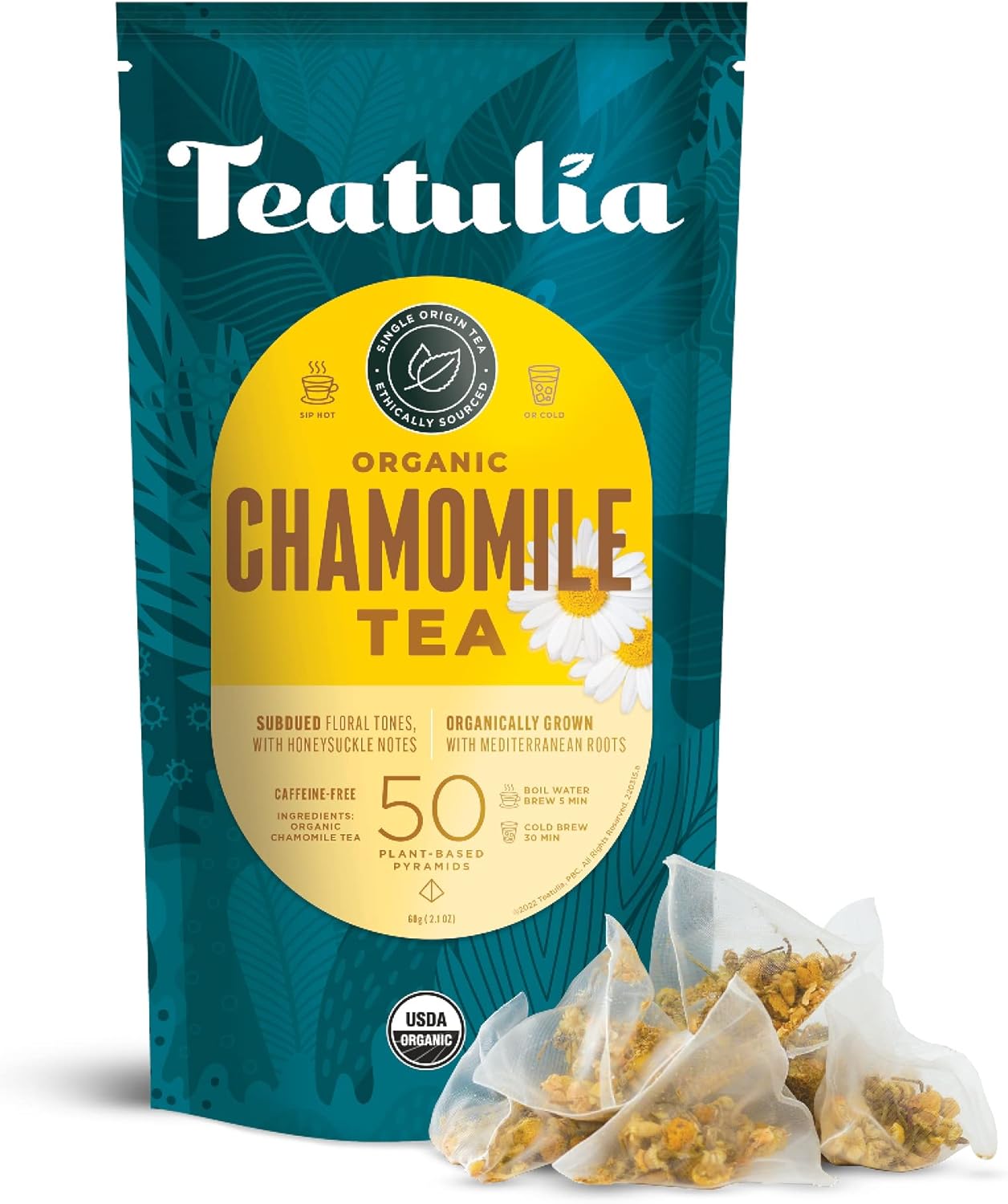 Teatulia Organic Chamomile Tea Bags (50 Pyramid Teabags) Raw Whole Leaf Flower. 100% Compostable And Sustainably Grown In Egypt. Caffeine Free Herbal Camille Tea - Calming Sleepytime Chamomile