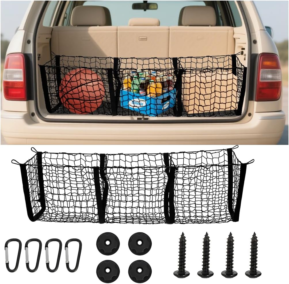 Mandark Car Cargo Net, Highly Elastic 3 Pocket Truck Bed Organizer Mesh with 4 Metal Hook Buckles & Screws, Auto Storage Netting Accessories, Universal for SUV Sedan Pickup (35.43" x 15.75" x 15.75")