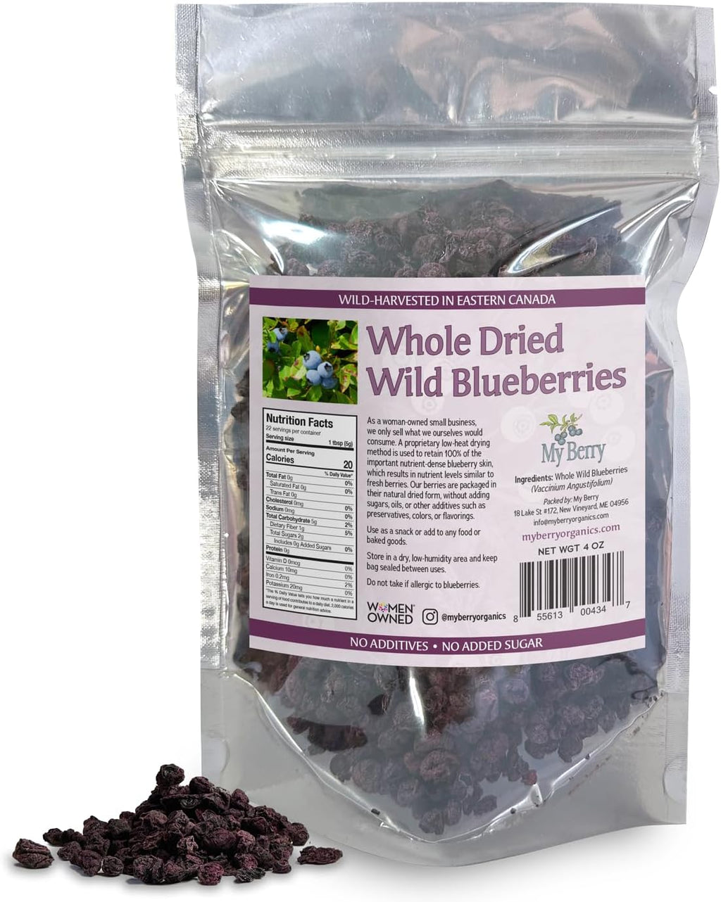 Whole Dried Wild Blueberries Unsweetened, by My Berry | 4oz | 100% Wild Blueberries- No Added Sugar, Oils, Or Preservatives | Canadian Grown | Not Cultivated | Woman-Owned Small Business