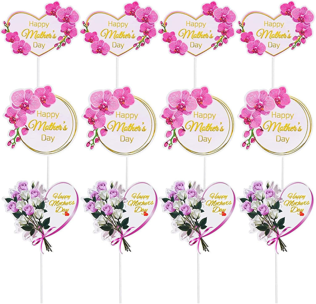 Happy Mother's Day Cake Toppers 24Pcs Flower Cupcake Topper for Mother's Day Birthday Party Cake Decoration