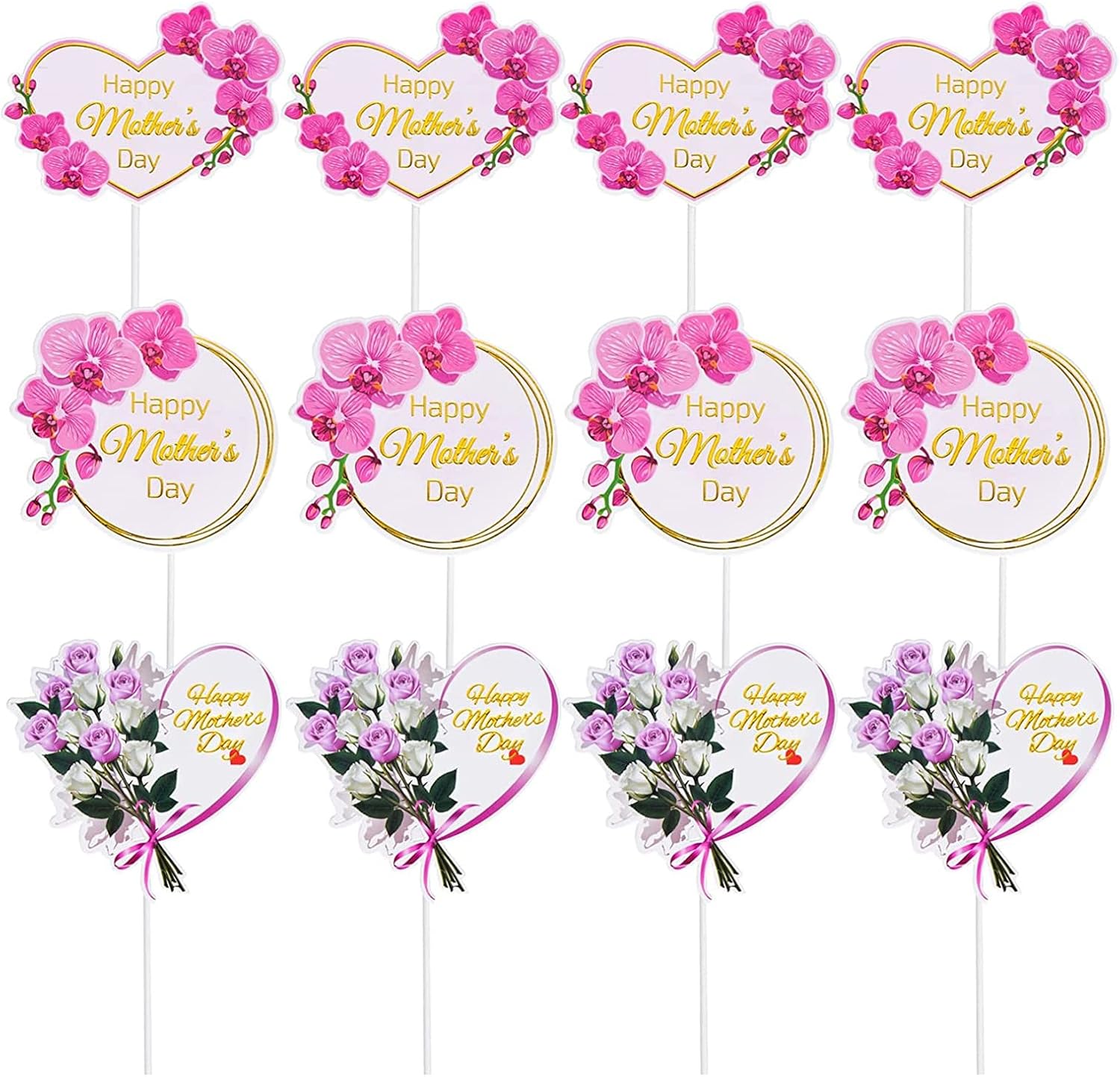 Happy Mother's Day Cake Toppers 24Pcs Flower Cupcake Topper for Mother's Day Birthday Party Cake Decoration