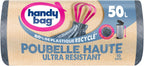 Handy Bag Rolls of 15 Bin Liners, 50 L, Heavy Duty, 80% Recycled Plastic, Sliding Handles, Ultra Protection Technology, Leak-proof, 47 x 85 cm
