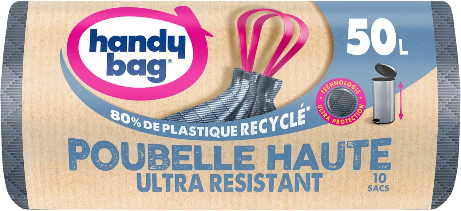 Handy Bag Rolls of 15 Bin Liners, 50 L, Heavy Duty, 80% Recycled Plastic, Sliding Handles, Ultra Protection Technology, Leak-proof, 47 x 85 cm