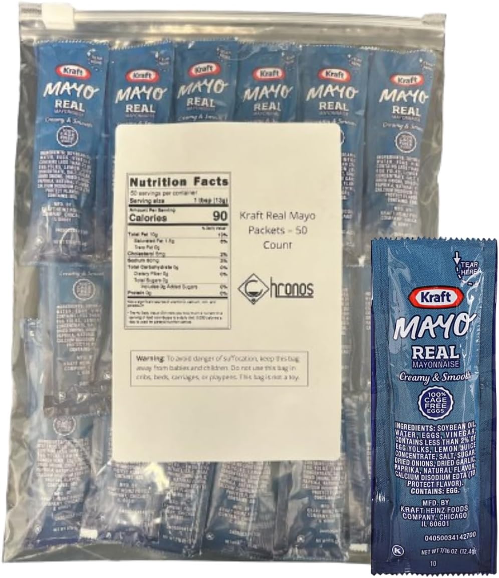 Mayo Packets 7/16 Oz – Assortment Gift - 50 Count Single Serve - Mayo Condiment Packs with 8 x 10 inch Chronos Food Safe Slide Seal Bag