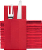 Red Napkins Hand Towels Disposable, Linen Feel Dinner Napkins with Prefolded Built-in Flatware Pocket, Guest Paper Hand Towels For Wedding, Dinner Or Party (16x16in, 50Pack）