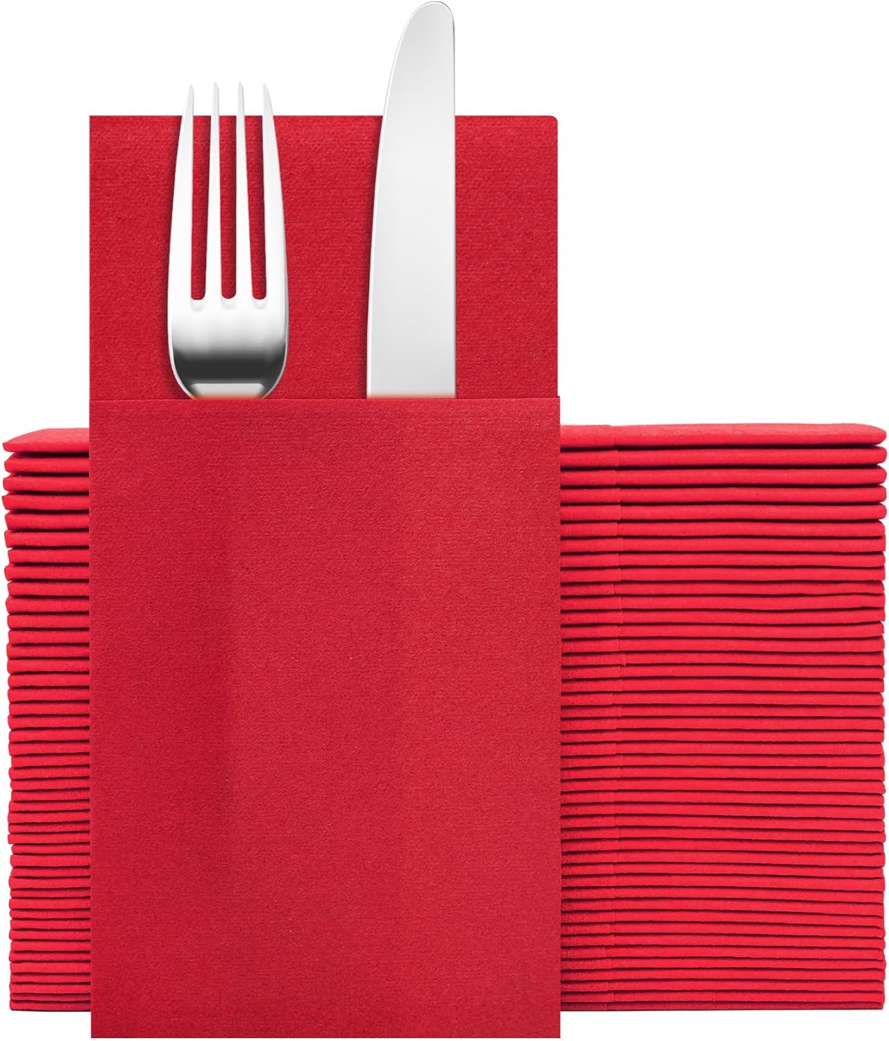 Red Napkins Hand Towels Disposable, Linen Feel Dinner Napkins with Prefolded Built-in Flatware Pocket, Guest Paper Hand Towels For Wedding, Dinner Or Party (16x16in, 50Pack）
