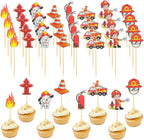40PCS Fire Truck Cupcake Toppers, Fire Truck Birthday Party Supplies, Fire Engine Rescue Theme Party, Fireman Birthday Decors, Fire Cake Pick Fire Flame Cake Decorations