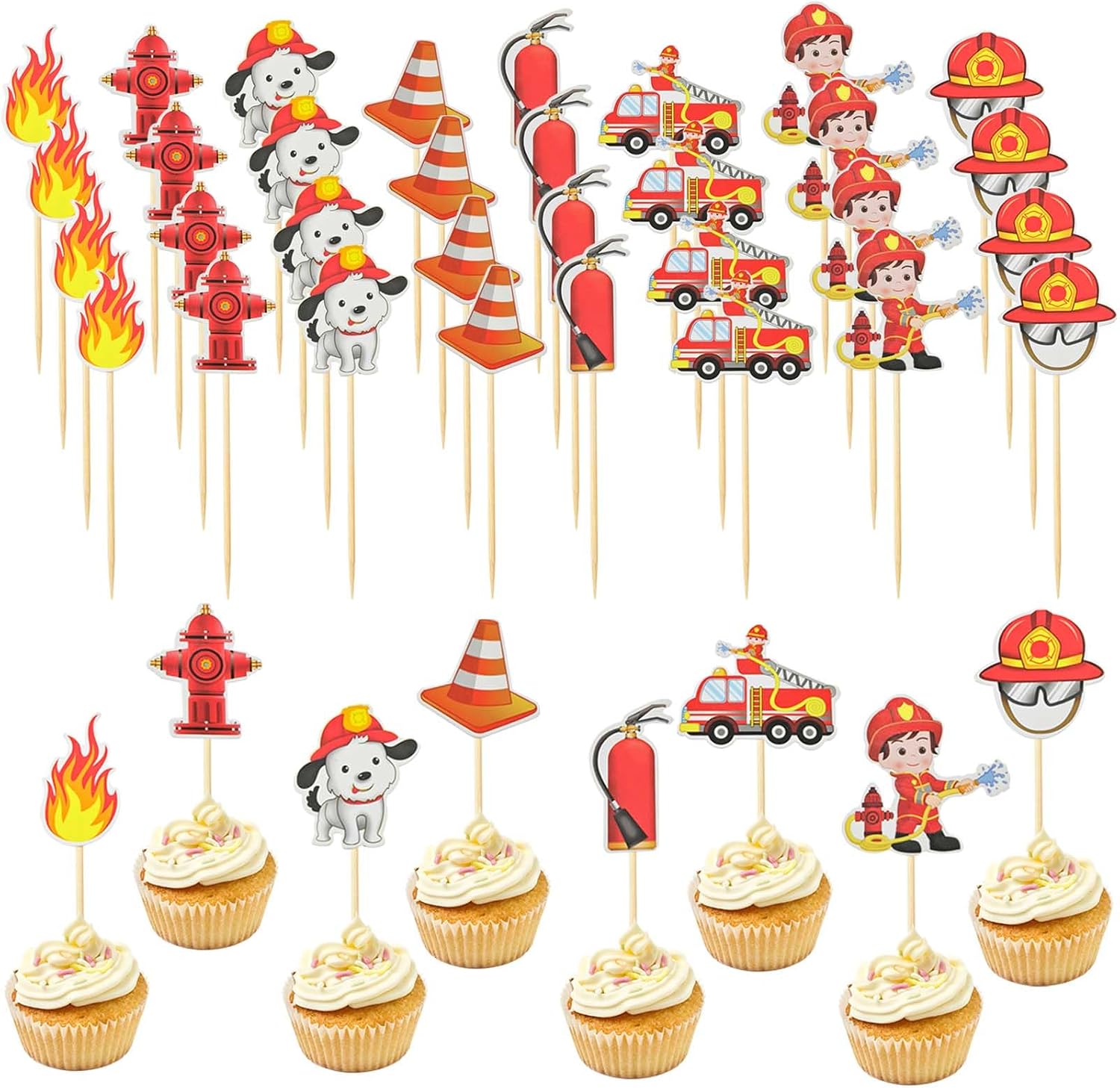 40PCS Fire Truck Cupcake Toppers, Fire Truck Birthday Party Supplies, Fire Engine Rescue Theme Party, Fireman Birthday Decors, Fire Cake Pick Fire Flame Cake Decorations