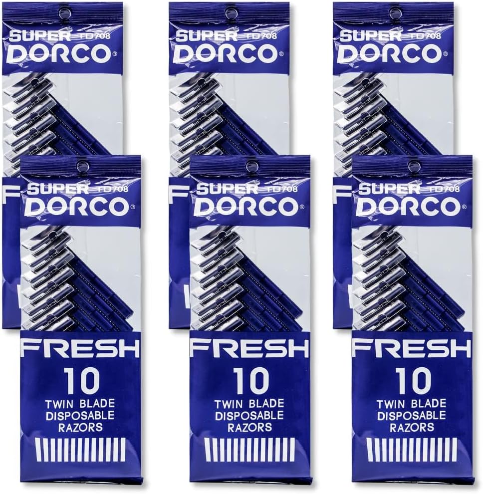 Dorco Fresh Twin Blade Disposable Razors for Men (60 Counts) – Smooth & Comfortable Shave for Men and Women, Non-Slip Handle, Ideal for Sensitive Skin & Travel