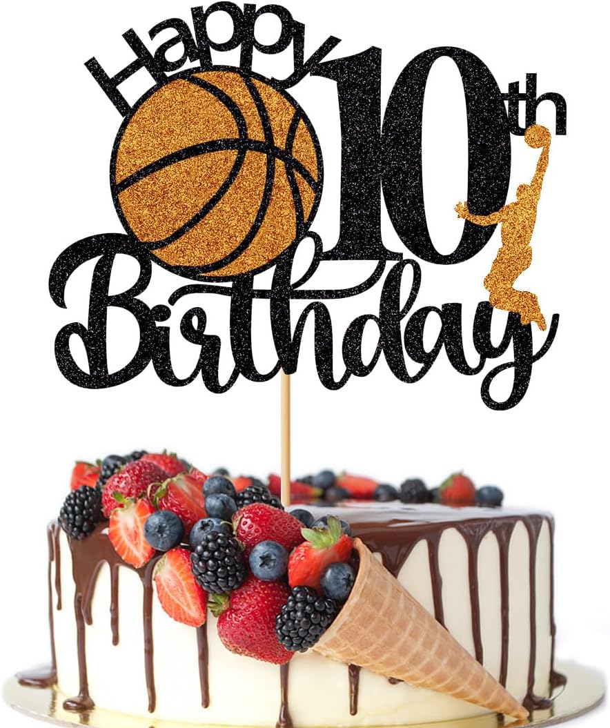 Basketball Happy 10th Birthday Cake Topper，Basketball Sports Cake Pick Baby Shower 10th Birthday Cake Decorations,Kids Boys Girls Sport Theme Ten Birthday Party Supplies