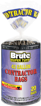 Brute Super Tuff Heavy Duty 2.0 MIL Contractor Bags, Large Trash Bags, Twist Tie Closure, Black, 42 Gallon, 20 Count