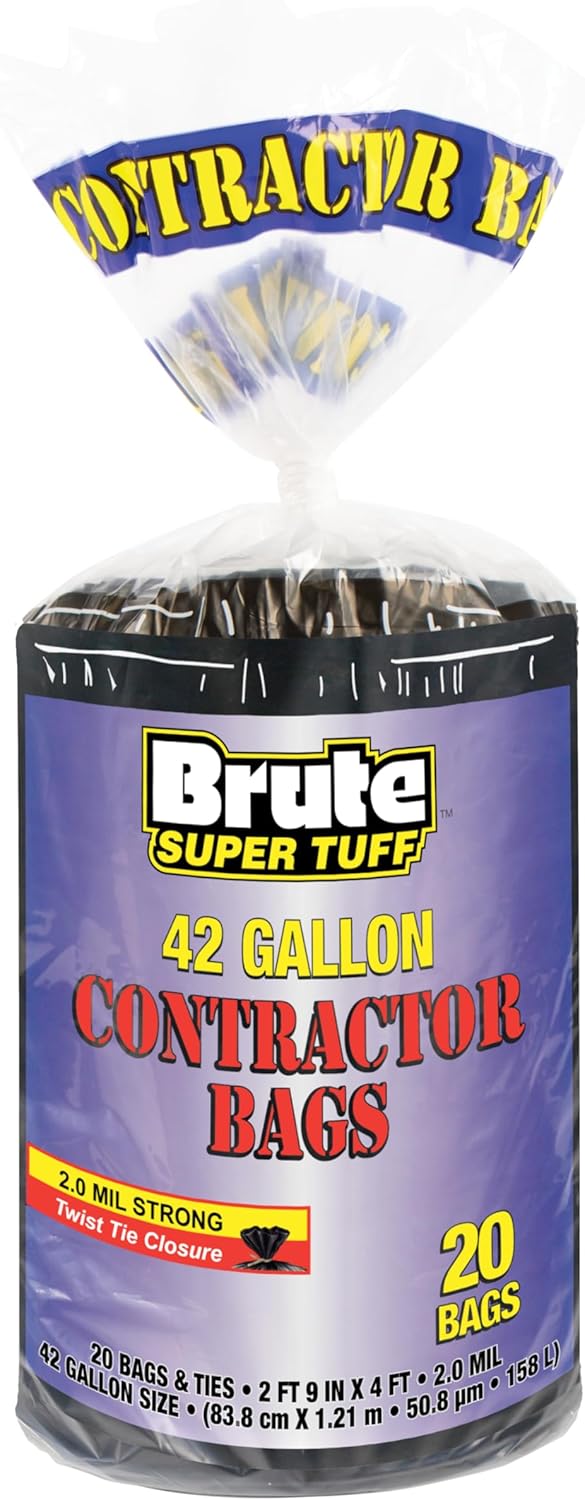 Brute Super Tuff Heavy Duty 2.0 MIL Contractor Bags, Large Trash Bags, Twist Tie Closure, Black, 42 Gallon, 20 Count