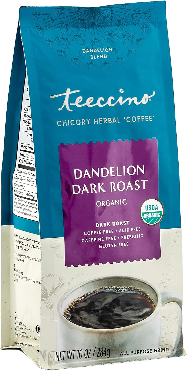 Teeccino Dandelion Dark Roast Herbal Coffee - 10 oz - Caffeine-Free Coffee Alternative with Prebiotics, Gluten Free, Acid Free, Organic