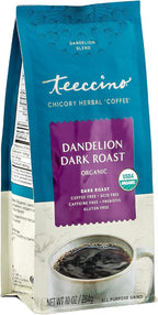 Teeccino Dandelion Dark Roast Herbal Coffee - 10 oz - Caffeine-Free Coffee Alternative with Prebiotics, Gluten Free, Acid Free, Organic