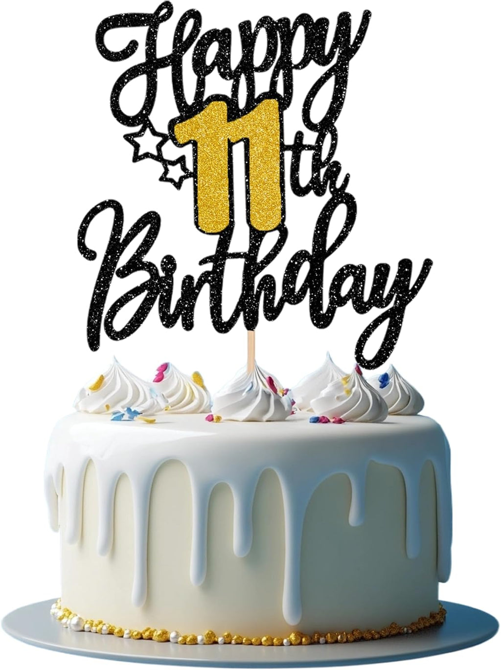 1 PCS Happy 11th Birthday Cake Topper Black Gold Glitter Hello Eleven Cheers to 11 Years Cake Pick Happy 11th Birthday Cake Decoration for 11 Fabulous Theme Anniversary Party Decorations Supplies