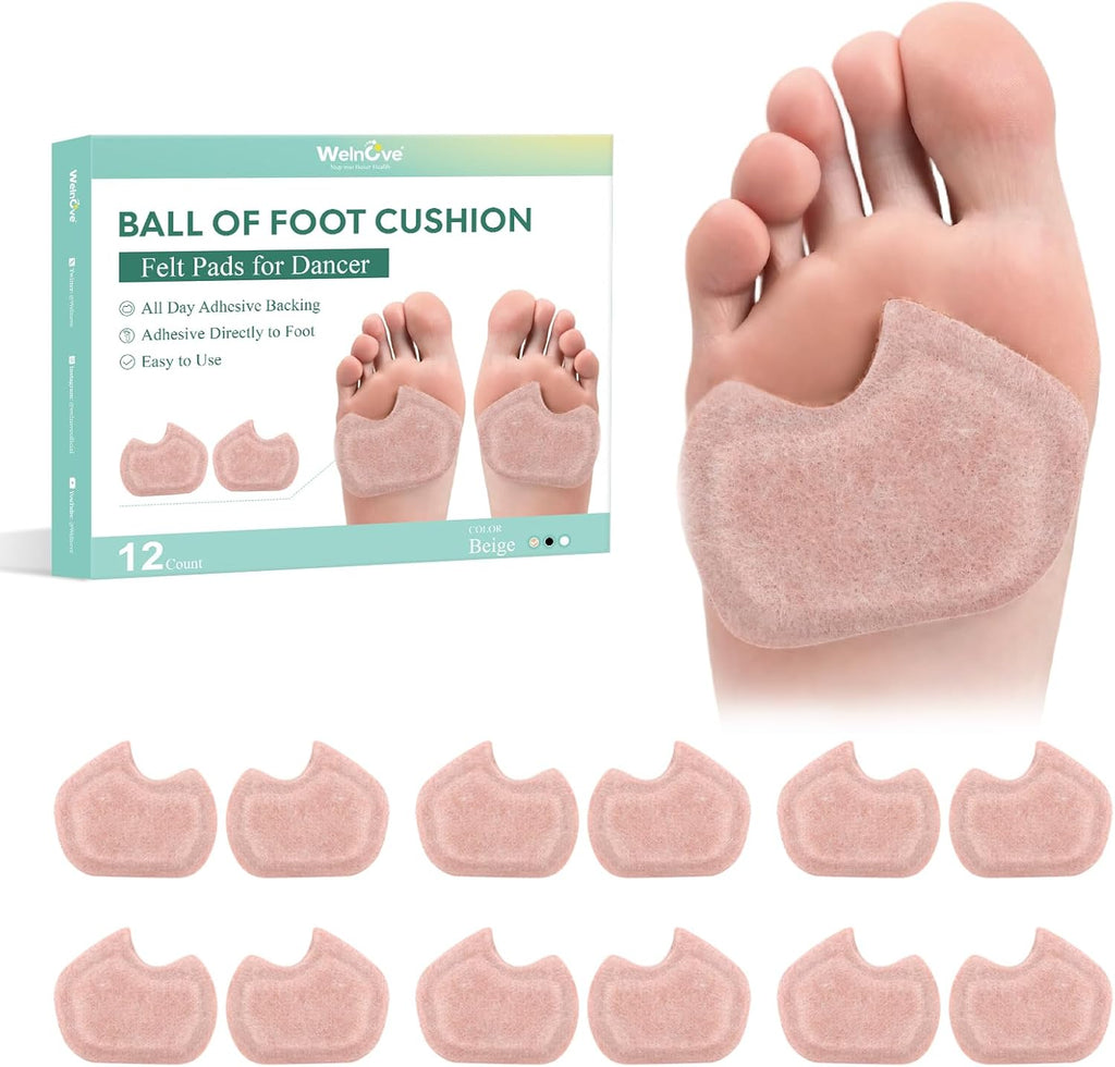 Ball-of-Foot Cushions Pads for Women Men - Welnove 6 Pairs Felt Metatarsal Pads for Dancer Forefoot Support - Soft Foot Pad for Metatarsalgia, Morton’s Neuroma, Calluses, Fit for High Heels,Shoes