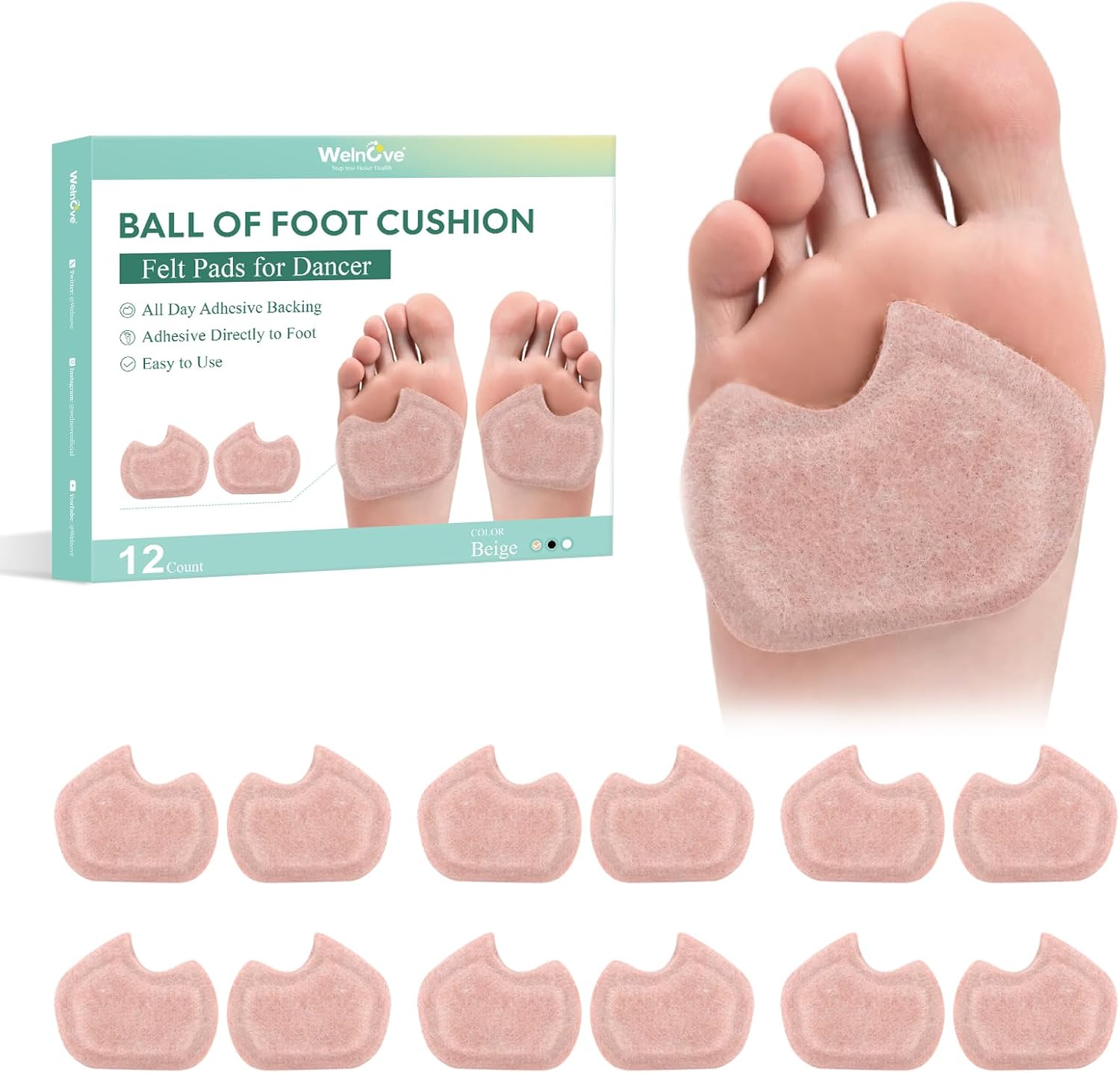 Ball-of-Foot Cushions Pads for Women Men - Welnove 6 Pairs Felt Metatarsal Pads for Dancer Forefoot Support - Soft Foot Pad for Metatarsalgia, Morton’s Neuroma, Calluses, Fit for High Heels,Shoes