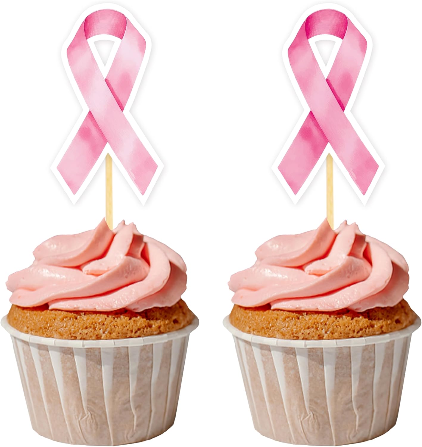 24 Pcs Pink Ribbon Cupcake Toppers for Fight Hope Believe Breast Cancer Awareness Party Decoration and Cake Decor Supplies