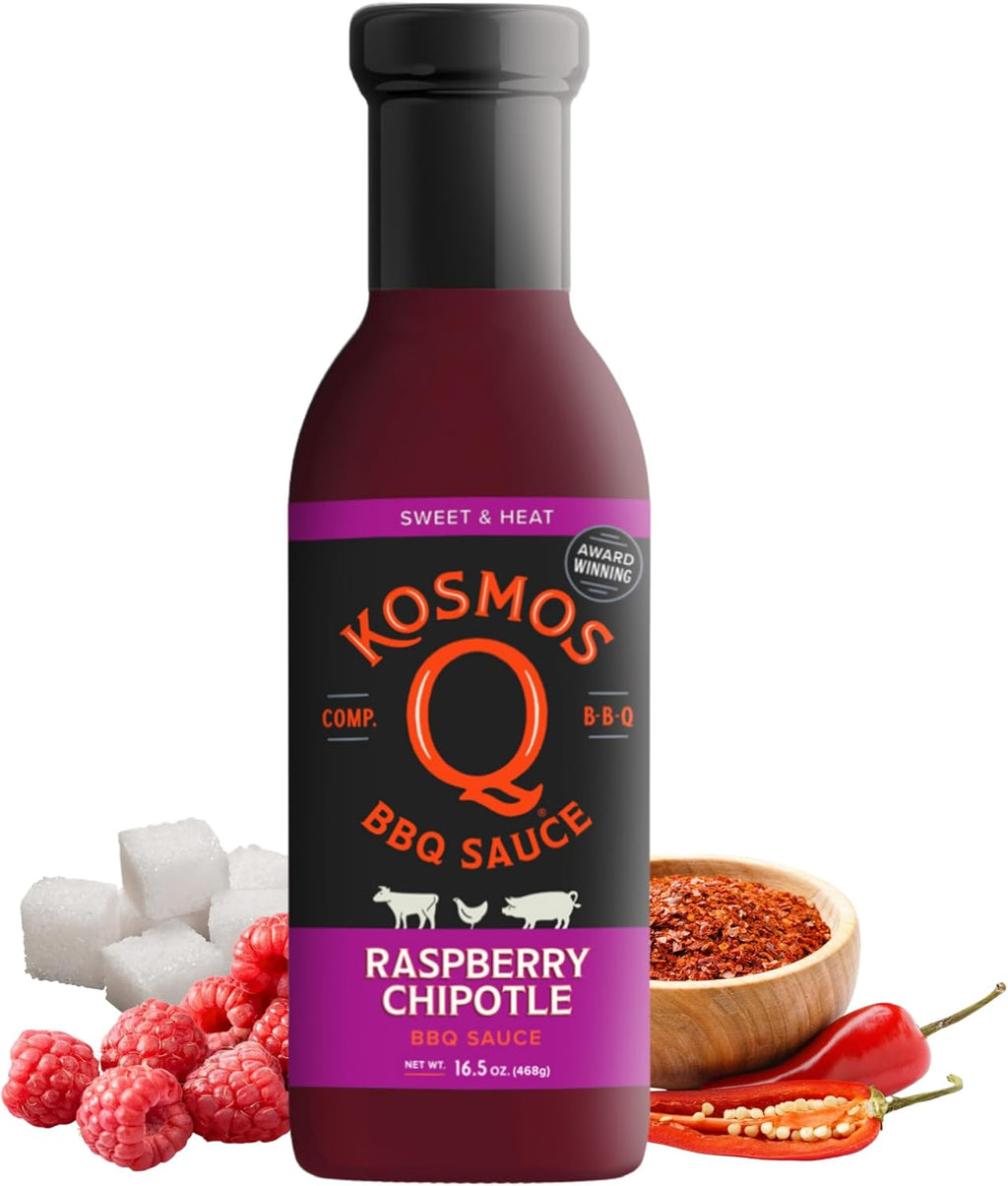 Kosmos Q Raspberry Chipotle BBQ Sauce, Sweet & Spicy BBQ Sauce with Real Raspberries & Chipotle Peppers, Bold Barbecue Sauce for Pork, Chicken, Brisket & More, Natural Ingredients, 16.5 Oz Bottle