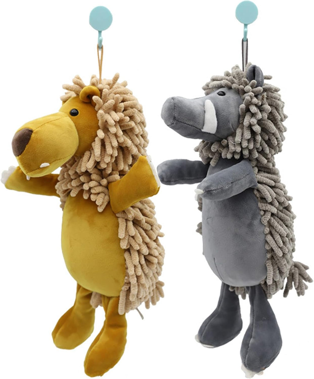 Forest Animals Fuzzy Ball Hand Towel Set of 2, Series Super Soft Chenille Bath & Kitchen Towels, Absorbent Decorative Fuzzy Ball Hanging Towel for Bathroom, Sink, Countertop (Wild Boar,Lion)