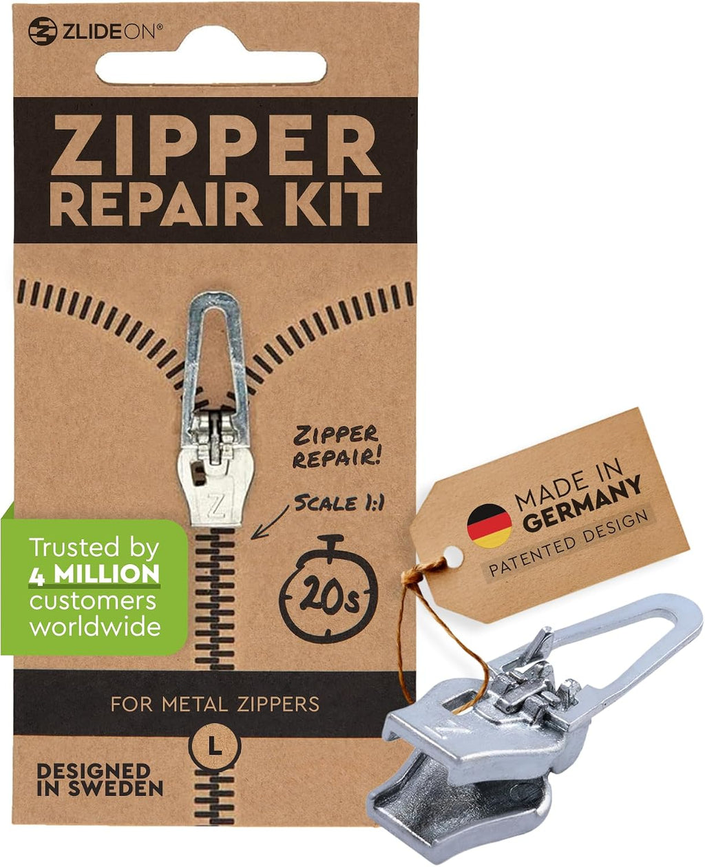 ZlideOn Zipper Pull Replacement - Silver, Normal (L) - Instant Zipper Replacement Slider for Metal Zippers (Multiple Sizes Available)