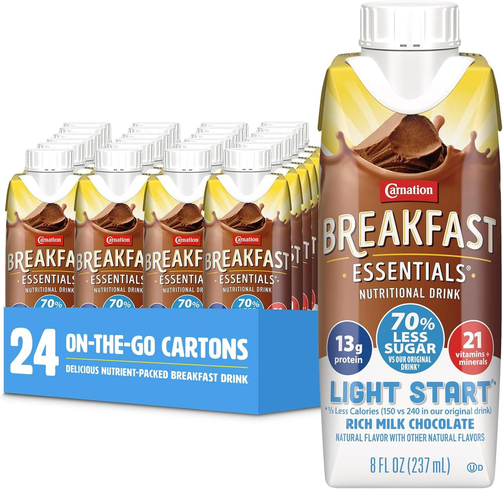 Carnation Breakfast Essentials Light Start Ready-to-Drink Rich Milk Chocolate, 8 Fl Oz Carton (Pack of 24) (Packaging May Vary)