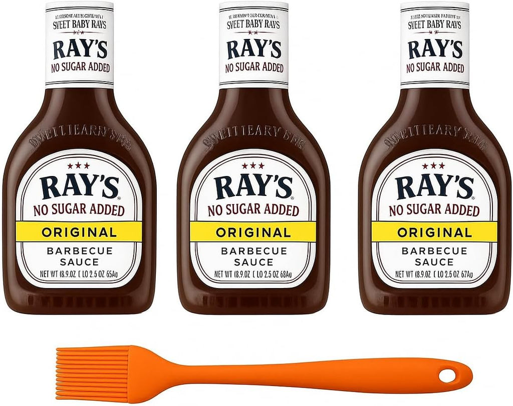 Sweet Baby Ray’s No Sugar Added BBQ Sauce – Original Flavor, 18.5 oz (Pack of 3) + Silicone Basting Brush | Keto Friendly, Low Carb Barbecue Bundle