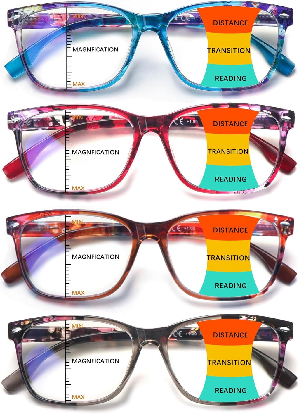Progressive Multifocus Reading Glasses for Women, Pattern Print Blue Light Block Stylish Ladies Computer Readers