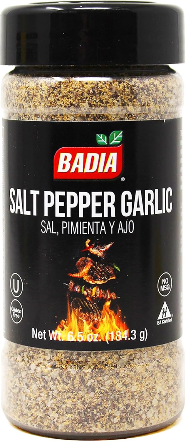 Badia Salt Pepper Garlic Seasoning, 6.5 oz - All Purpose Spice Blend for Rubs, Beef, Chicken, Steak, Vegetables - Gluten Free, No MSG