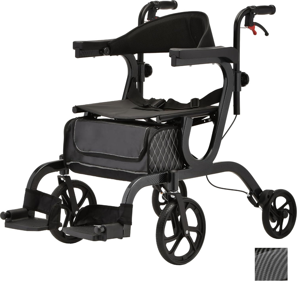 NOVA 2-in-1 Rollator Walker & Transport Chair, Folding Mobility Aid with 10” Front Wheels, Removable Footrests, Lightweight Rolling Walker for Seniors, Walker Wheelchair Combo, Black
