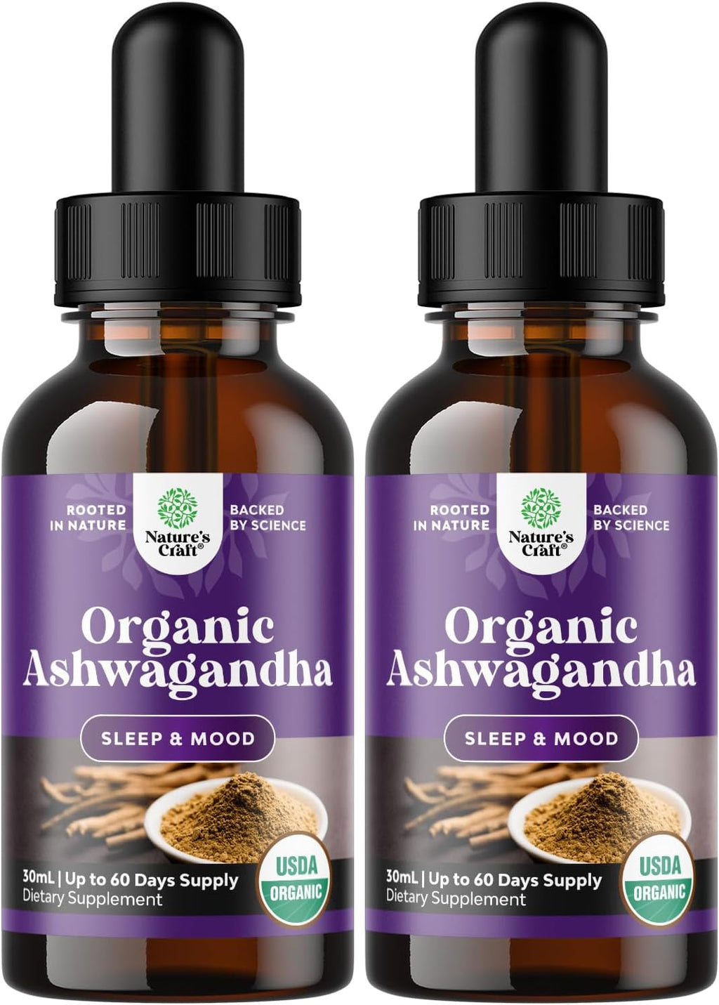 USDA Organic Ashwagandha Liquid Drops - Liquid Ashwagandha Root Extract for Stress and Mood Support - Tasty Adaptogenic Tincture Non GMO Vegan Gluten Alcohol and Sugar Free 1 Fl Oz (Pack of 2)