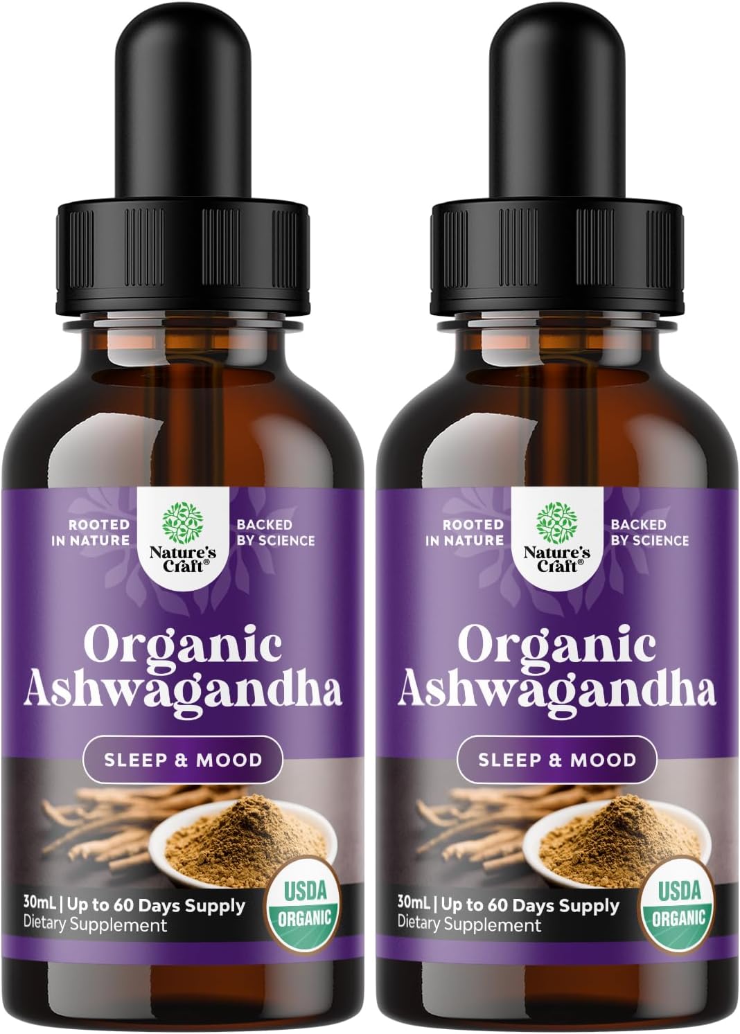 USDA Organic Ashwagandha Liquid Drops - Liquid Ashwagandha Root Extract for Stress and Mood Support - Tasty Adaptogenic Tincture Non GMO Vegan Gluten Alcohol and Sugar Free 1 Fl Oz (Pack of 2)
