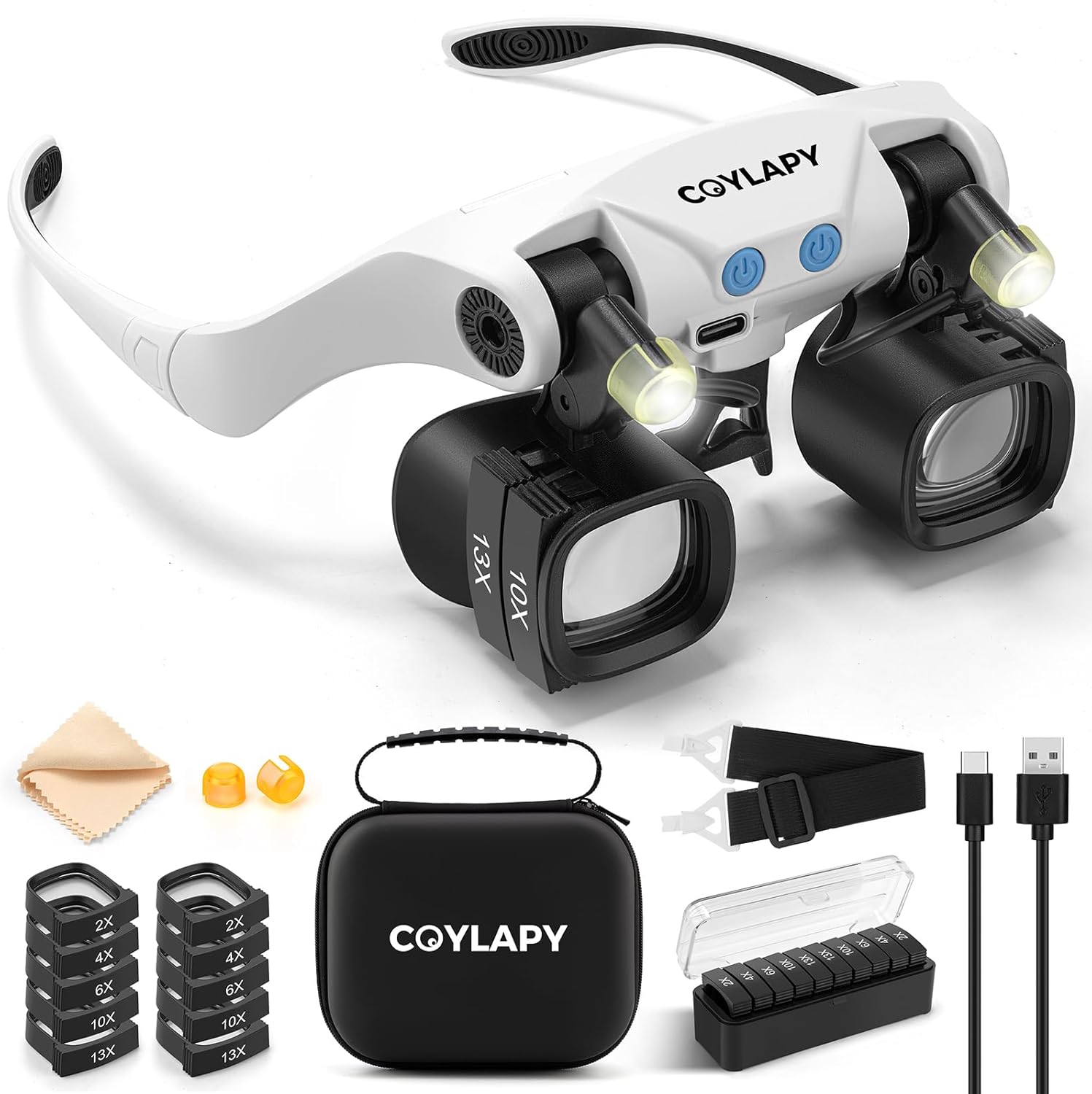 Magnifying Glasses for Close Work, Jewelers Magnifying Glass with Light & 5 Interchangeable Lens Pairs(2X 4X 6X 10x 13x), Headband Loupe Magnifier for Watch Repair,Crafts, w/Storage Case