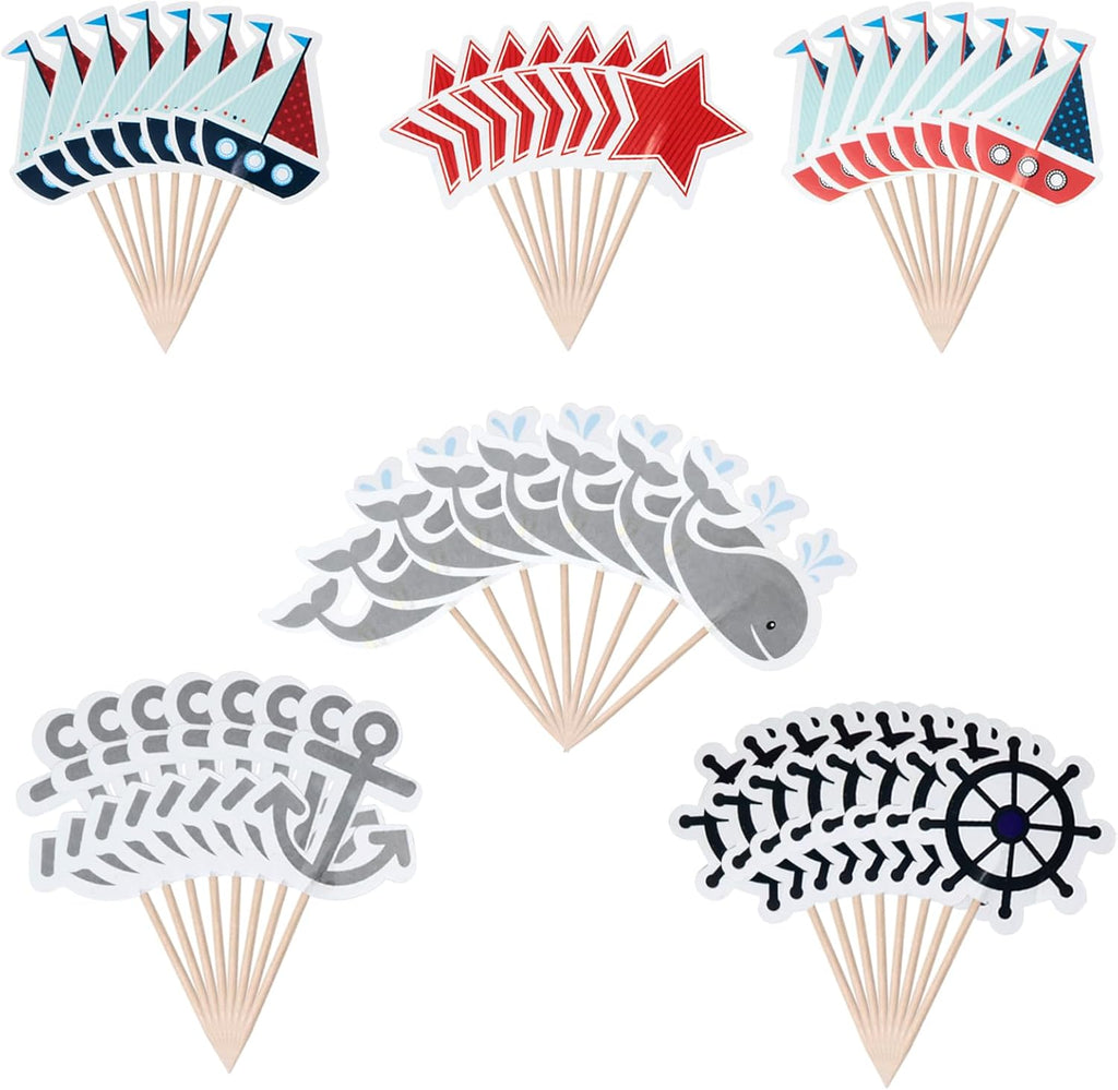 Honbay 48PCS Nautical Theme Cupcake Toppers Ocean Sailing Party Cake Decorations Food Fruit Picks for Birthday Wedding Party Supplies (6 Style)