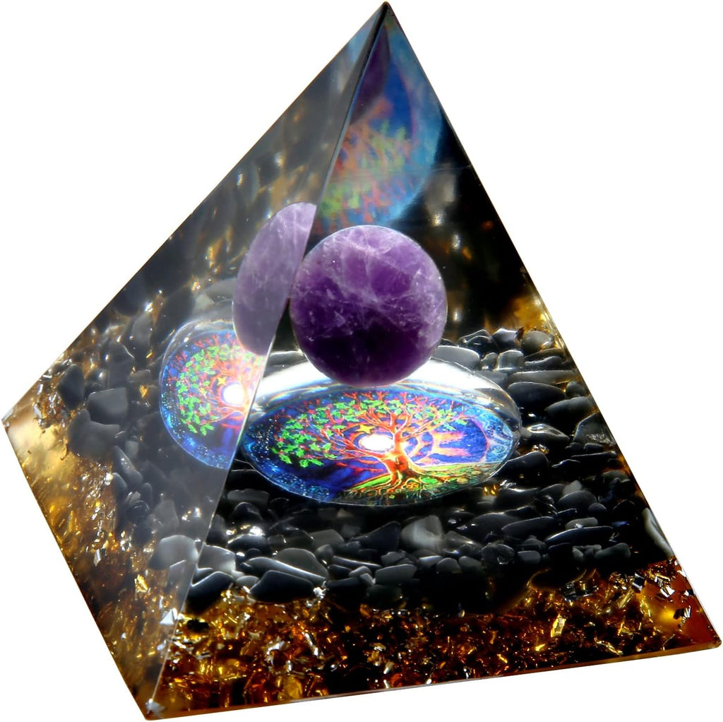 Orgone Pyramid - Positive Energy Source for Meditation, Stress Relief, Wealth Attraction | Crystal Pyramid Orgonite with Protection Crystals | Ideal Energy Generator & Stylish Room Decor