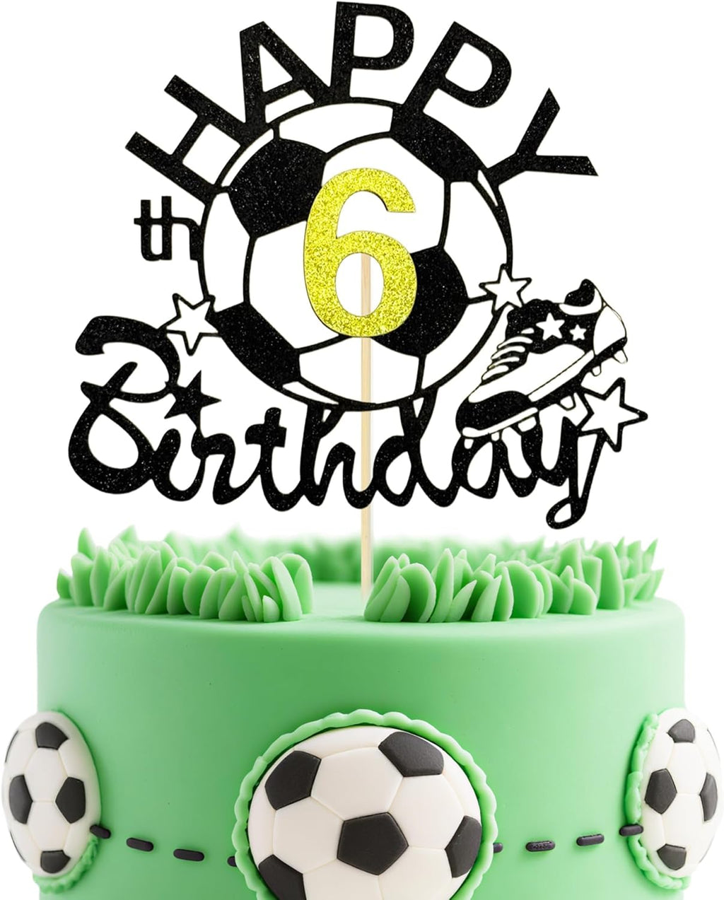 Soccer Ball Happy 6th Birthday Cake Topper - Black Glitter Football Theme Cake Decorations for 6 Year Old Soccer Themed Birthday Party Decoration Supplies