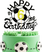 Soccer Ball Happy 6th Birthday Cake Topper - Black Glitter Football Theme Cake Decorations for 6 Year Old Soccer Themed Birthday Party Decoration Supplies